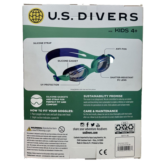 US Divers Splash Kid Swim Goggles Age 4+ Anti Fog, UV Protect, Shatter Resistant - Picture 3 of 5